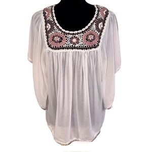DeJaVu Sheer Blouse Size Medium Granny Square Detail Butterfly Sleeves